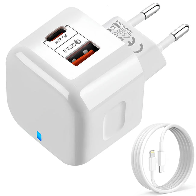 Szybka Ładowarka Sieciowa Kostka QC 3.0 PD 20W USB C Do Telefonu + Kabel USB-C