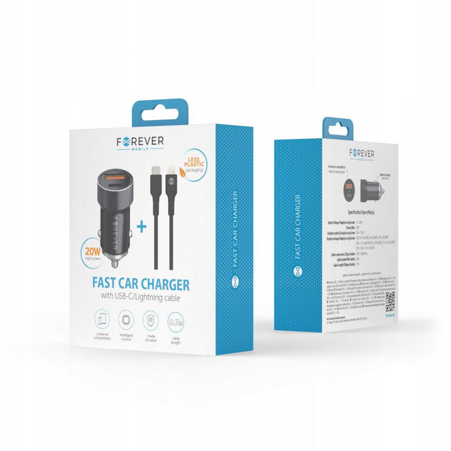 Szybka Ładowarka Samochodowa Quick USB / USB-C 20W + Kabel do Iphone 27W