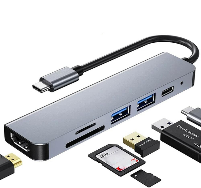 Adapter Hub 6w1 Rozdzielacz Type-C SD / TF HDMI 4k 30hz 100W