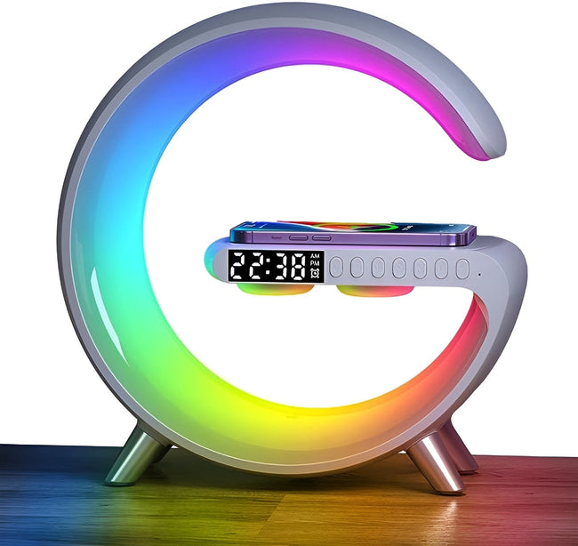 Lampka Nocna Budzik Ładowarka Głośnik Qi 15W RGB