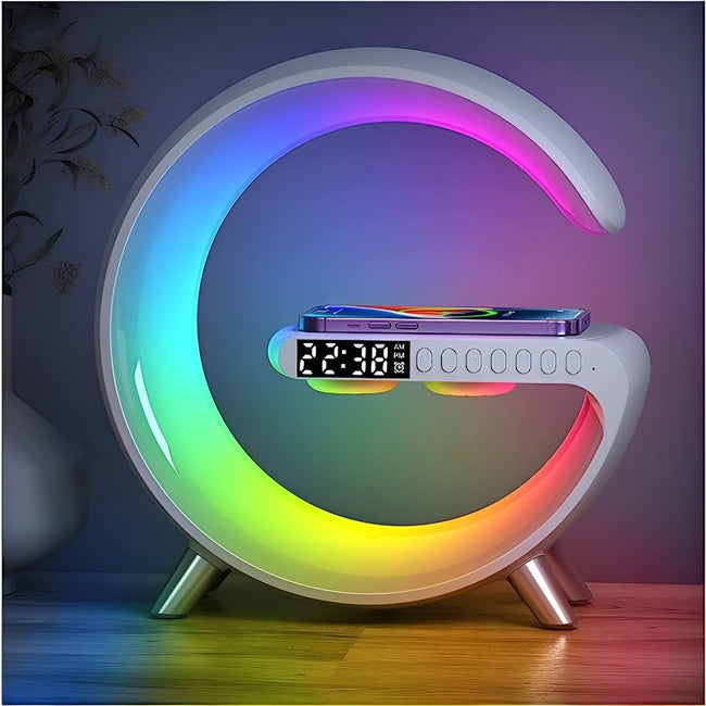 Lampka Nocna Budzik Ładowarka Głośnik Qi 15W RGB