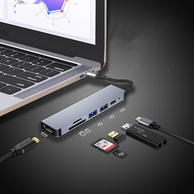 Adapter Hub 6w1 Rozdzielacz Type-C SD / TF HDMI 4k 30hz 100W