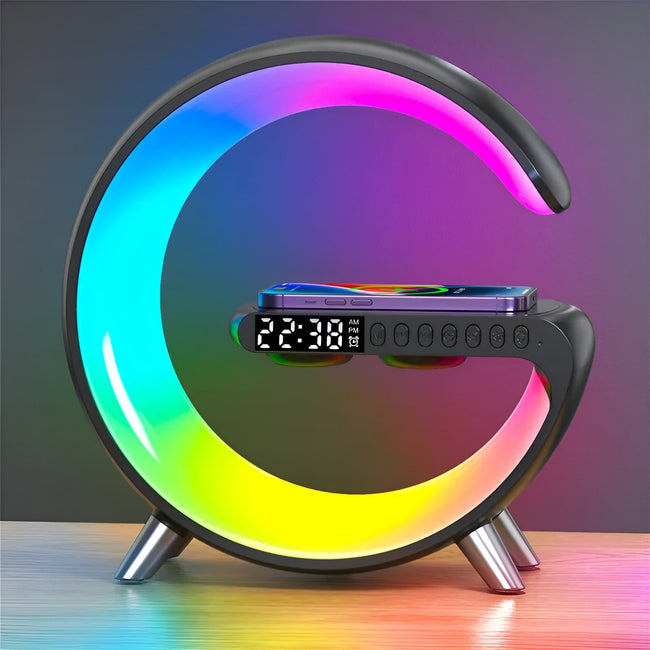 Lampka Nocna Budzik Ładowarka Głośnik Qi 15W RGB
