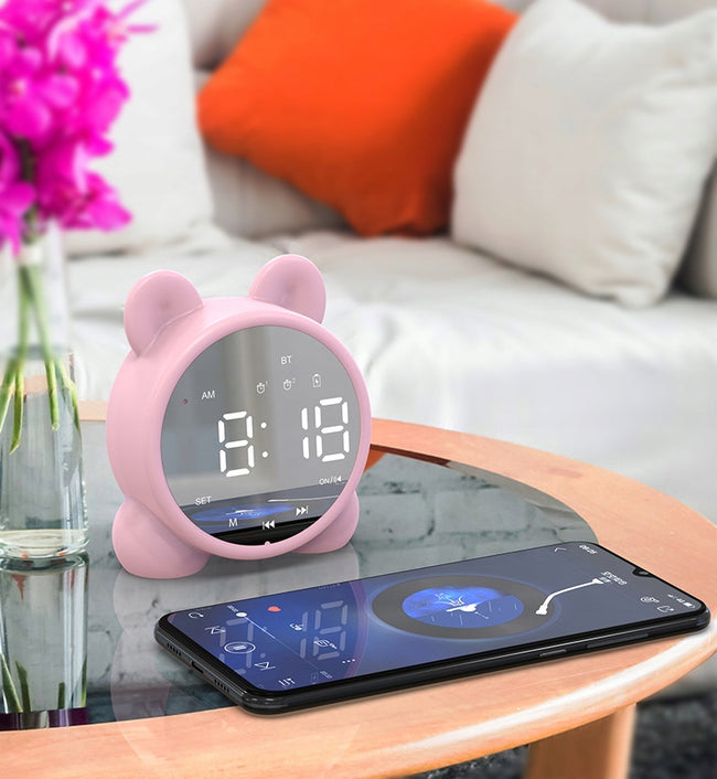 Zegar Budzik LED "Kotek" Multifunkcyjny - Radio FM, Głośnik Bluetooth, Lusterko - Różowy