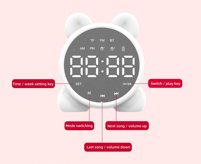 Zegar Budzik LED "Kotek" Multifunkcyjny - Radio FM, Głośnik Bluetooth, Lusterko - Różowy