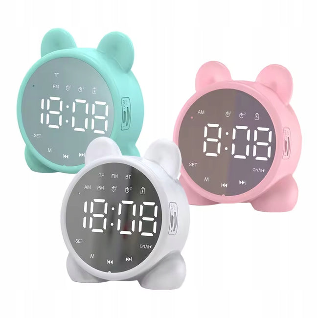 Zegar Budzik LED "Kotek" Multifunkcyjny - Radio FM, Głośnik Bluetooth, Lusterko - Różowy