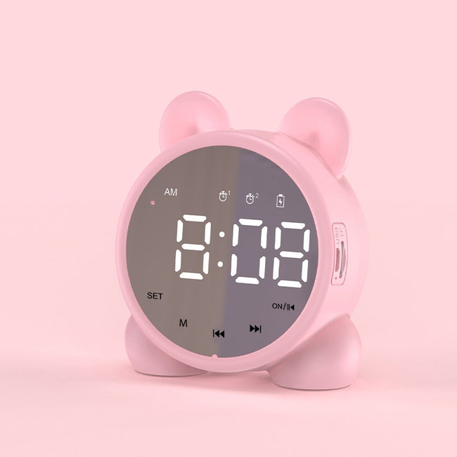 Zegar Budzik LED "Kotek" Multifunkcyjny - Radio FM, Głośnik Bluetooth, Lusterko - Różowy