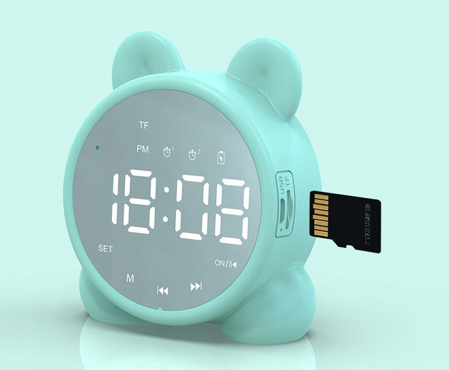 Zegar Budzik LED "Kotek" Multifunkcyjny - Radio FM, Głośnik Bluetooth, Lusterko - Różowy