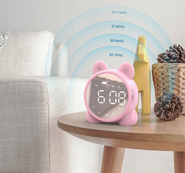 Zegar Budzik LED "Kotek" Multifunkcyjny - Radio FM, Głośnik Bluetooth, Lusterko - Różowy