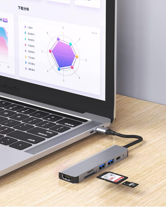Adapter Hub 6w1 Rozdzielacz Type-C SD / TF HDMI 4k 30hz 100W