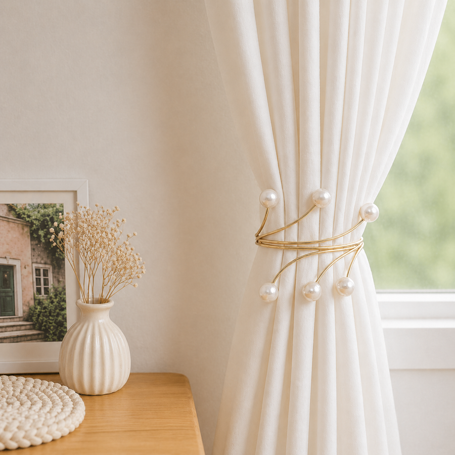 Upięcie do Zasłon, Firan - Złota Klamra z Perłami (1szt.)