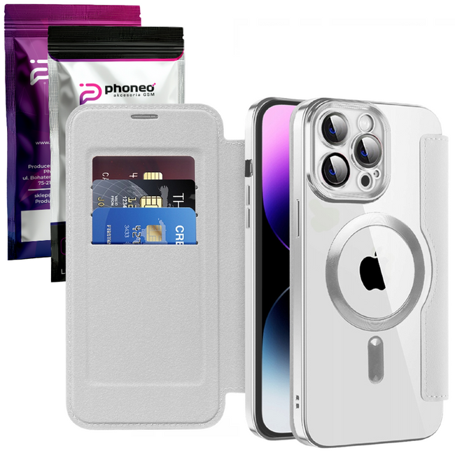 Etui Phoneo Flip z Klapką RFID do MagSafe do iPhone 14 Pro Max - Srebrny