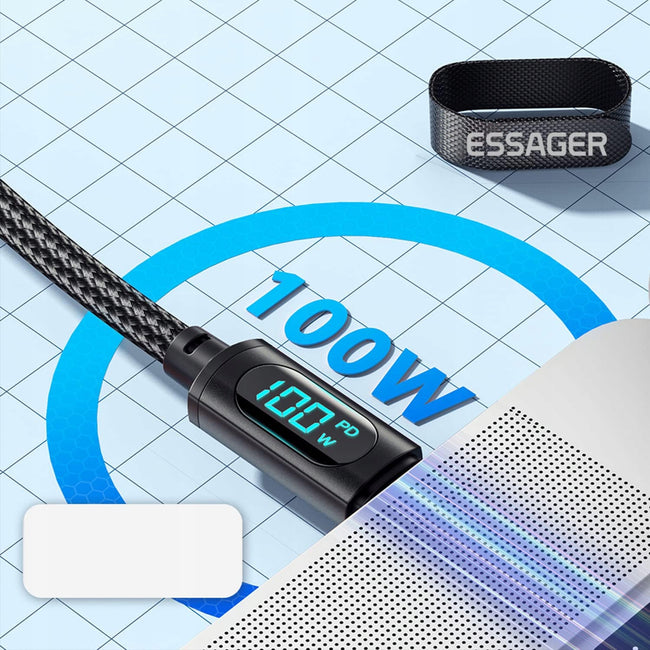 Kabel Essager USB-C Quick Charge - Transfer Danych, Miernik Prądu - 100W / 5A - 2M