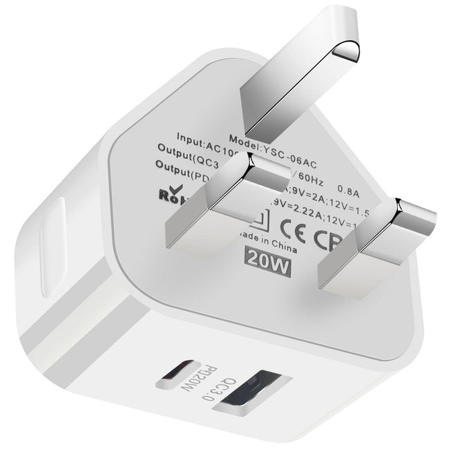 Ładowarka Sieciowa Phoneo 20W z USB i USB-C - Wtyczka Angielska (UK / TYP-G)