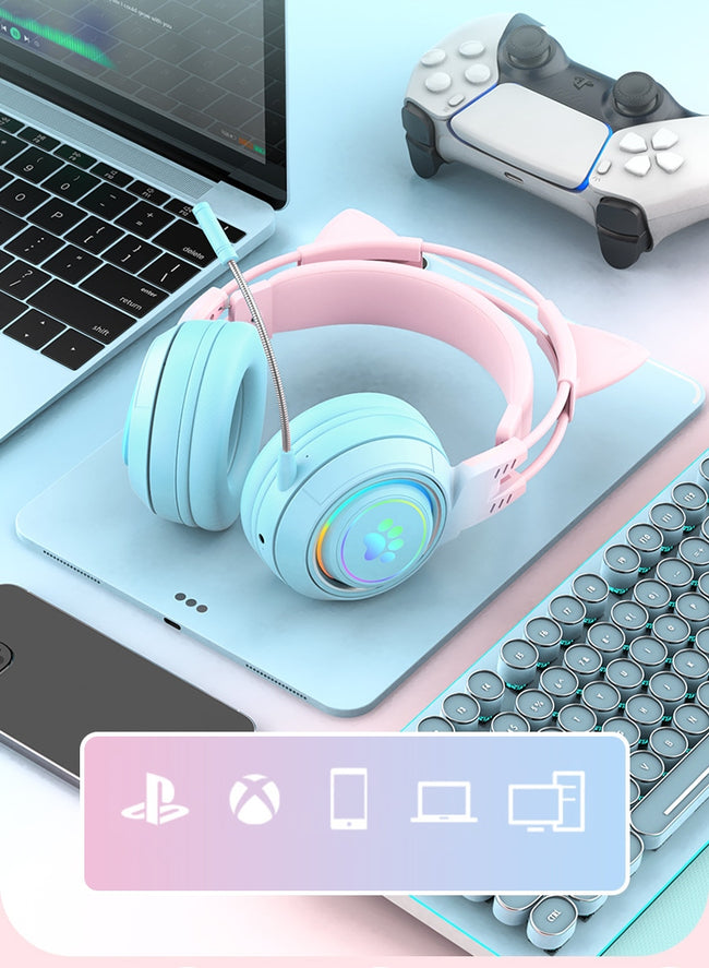 Słuchawki Gamingowe Bluetooth - Kocie Uszy - Fioletowe