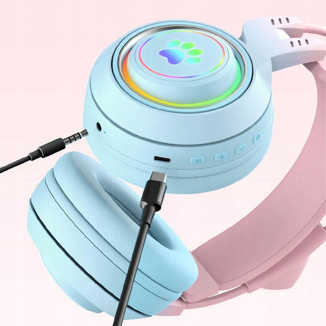 Słuchawki Gamingowe Bluetooth - Kocie Uszy - Różowo-Niebieskie
