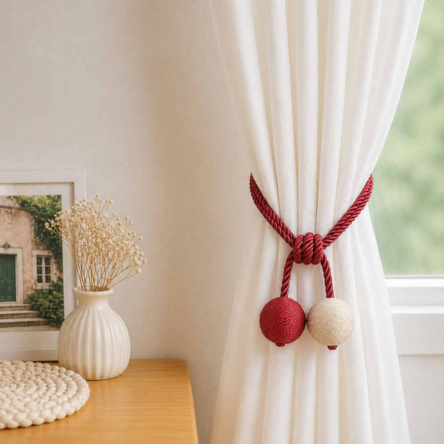 Upięcie Do Zasłon, Firan - Plecione Kule - Czerwono-Beżowe - 2 szt.