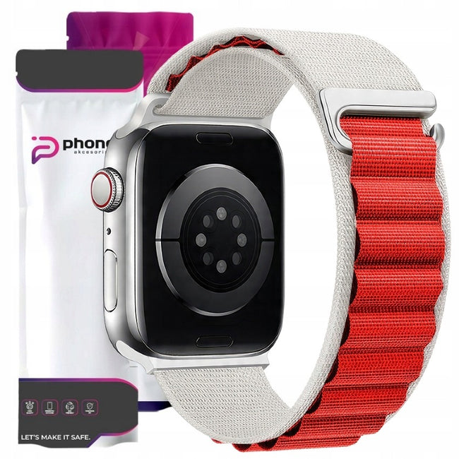 Pasek / Opaska Phoneo® z Metalową Zapinką do Apple Watch 42 / 44 / 45 / 49 mm - Biało-Czerwony