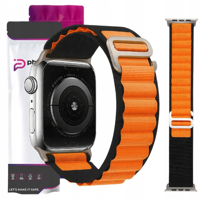 Pasek / Opaska Phoneo® z Metalową Zapinką do Apple Watch 42 / 44 / 45 / 49mm - Czarno-Pomarańczowy