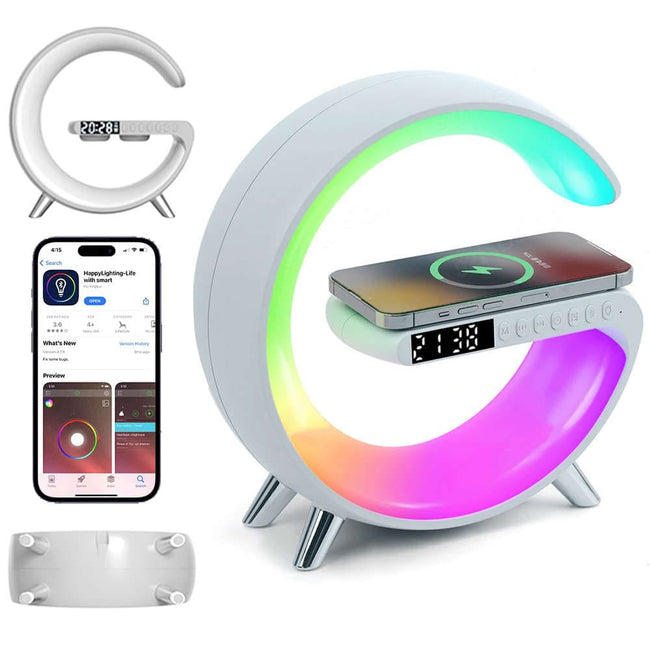 Lampka Nocna Budzik Ładowarka Głośnik Qi 15W RGB