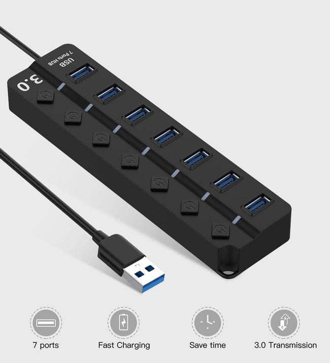 HUB / Rozdzielacz - 7 Portów USB + Włączniki