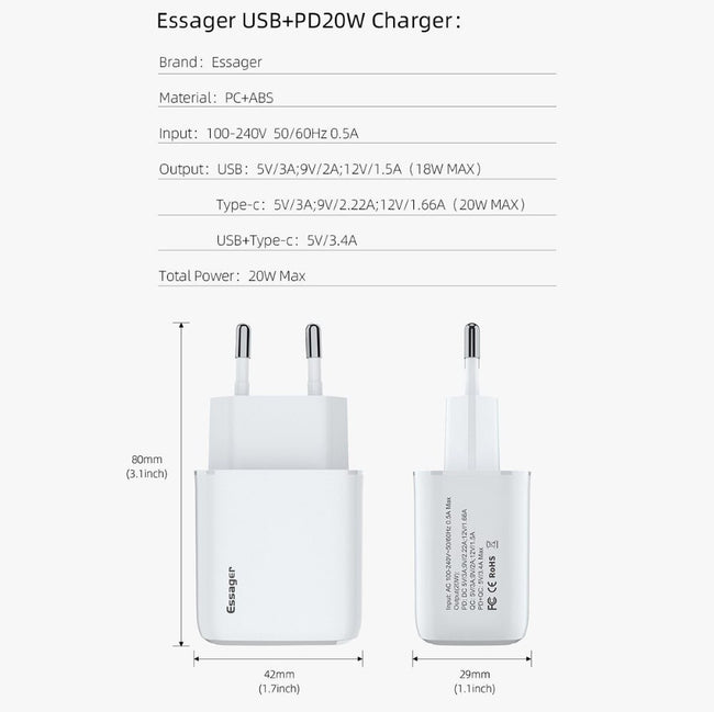 ESSAGER Ładowarka Sieciowa Mocna, Oryginalna, 20W