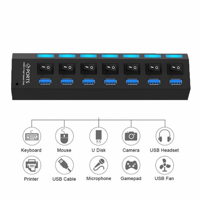 HUB / Rozdzielacz - 7 Portów USB + Wyłączniki