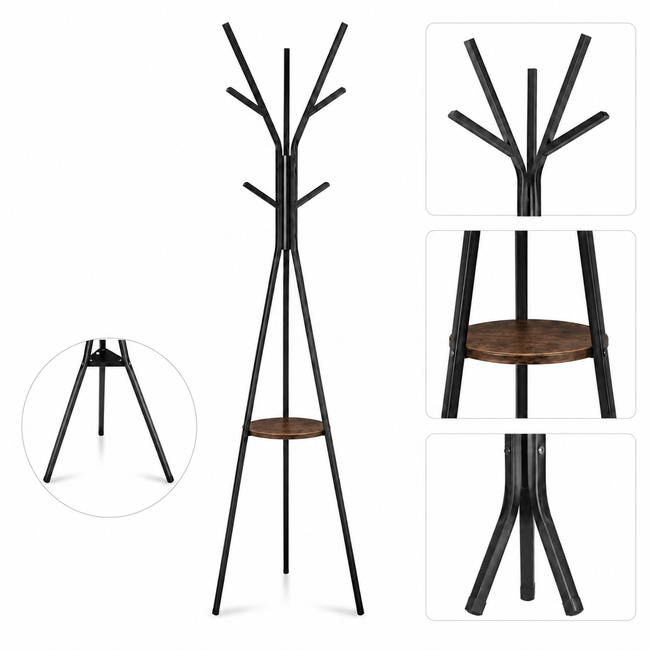 Wieszak Stojący Metalowy Czarny 180 cm z 9 Haczykami