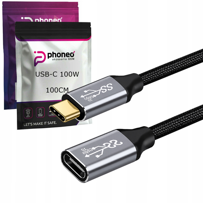 Przedłużacz Phoneo USB-C 3.2 1 m, PD 100 W, 10 Gb/s, 4K 60 Hz
