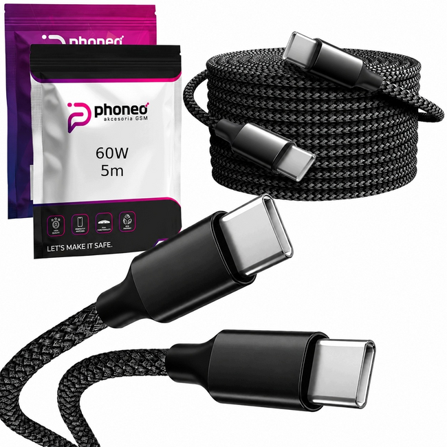 Kabel Phoneo USB-C do USB-C 5 m, PD 60 W, nylonowy oplot