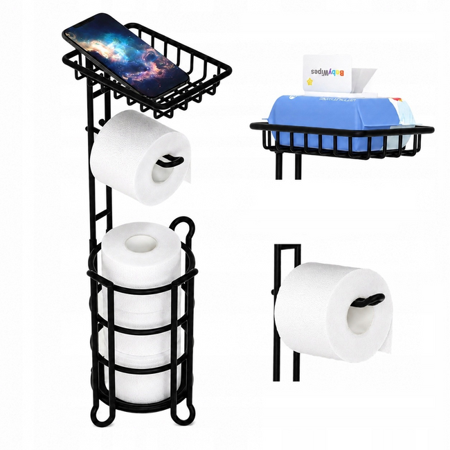 Stojak WC na Papier Toaletowy z Półką Czarny Wolnostojący