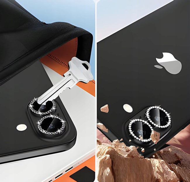 Ring z Cyrkoniami ze Szkłem Hartowanym na Obiektyw Aparatu - iPhone 17 Pro Max - Czarny