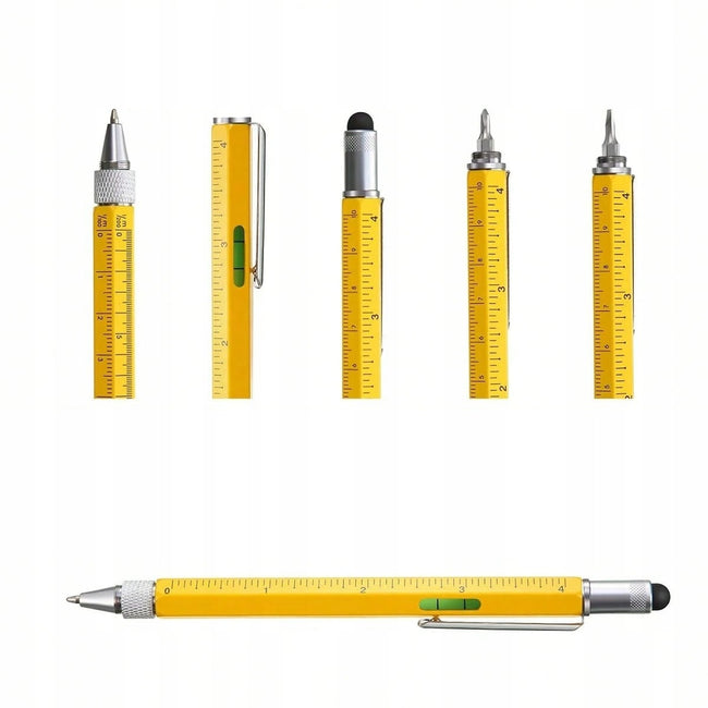 Długopis Multitool Wielofunkcyjny 6w1 - Linijka, Śrubokręt, Poziomica, Rysik, Pen - Żółty