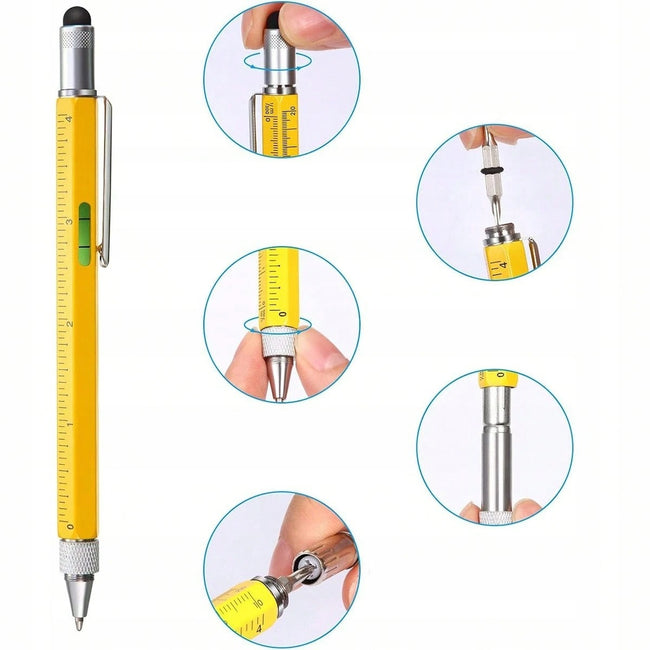 Długopis Multitool Wielofunkcyjny 6w1 - Linijka, Śrubokręt, Poziomica, Rysik, Pen - Żółty