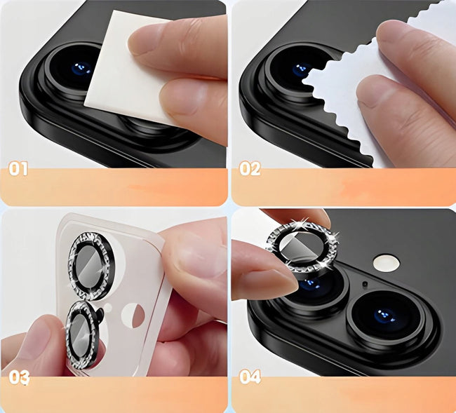 Ring z Cyrkoniami ze Szkłem Hartowanym na Obiektyw Aparatu - iPhone 17 Pro Max - Czarny