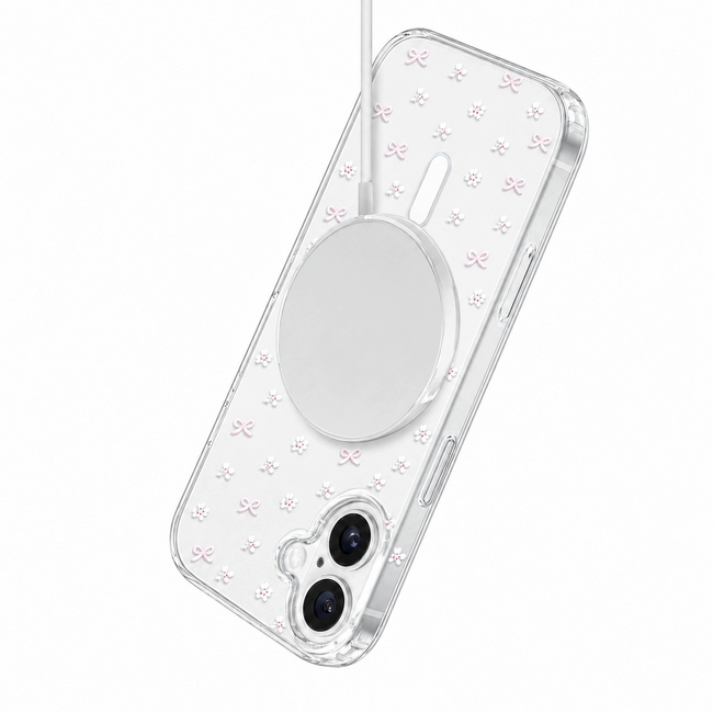 Etui Phoneo Bow Mag do iPhone 16, kwiaty i kokardki, do MagSafe