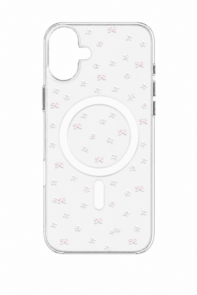 Etui Phoneo Bow Mag do iPhone 16, kwiaty i kokardki, do MagSafe