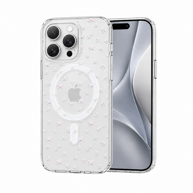 Etui Phoneo Bow Mag do iPhone 16 Pro, kwiaty i kokardki, do MagSafe