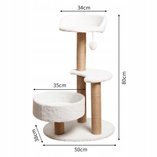 Biały drapak dla kota 80 cm z legowiskiem, dwiema platformami i piłeczką